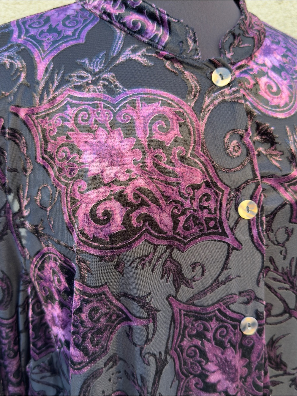 Sheer Paisley Button-Up Tunic in Black and Purple - Picture 5 of 8